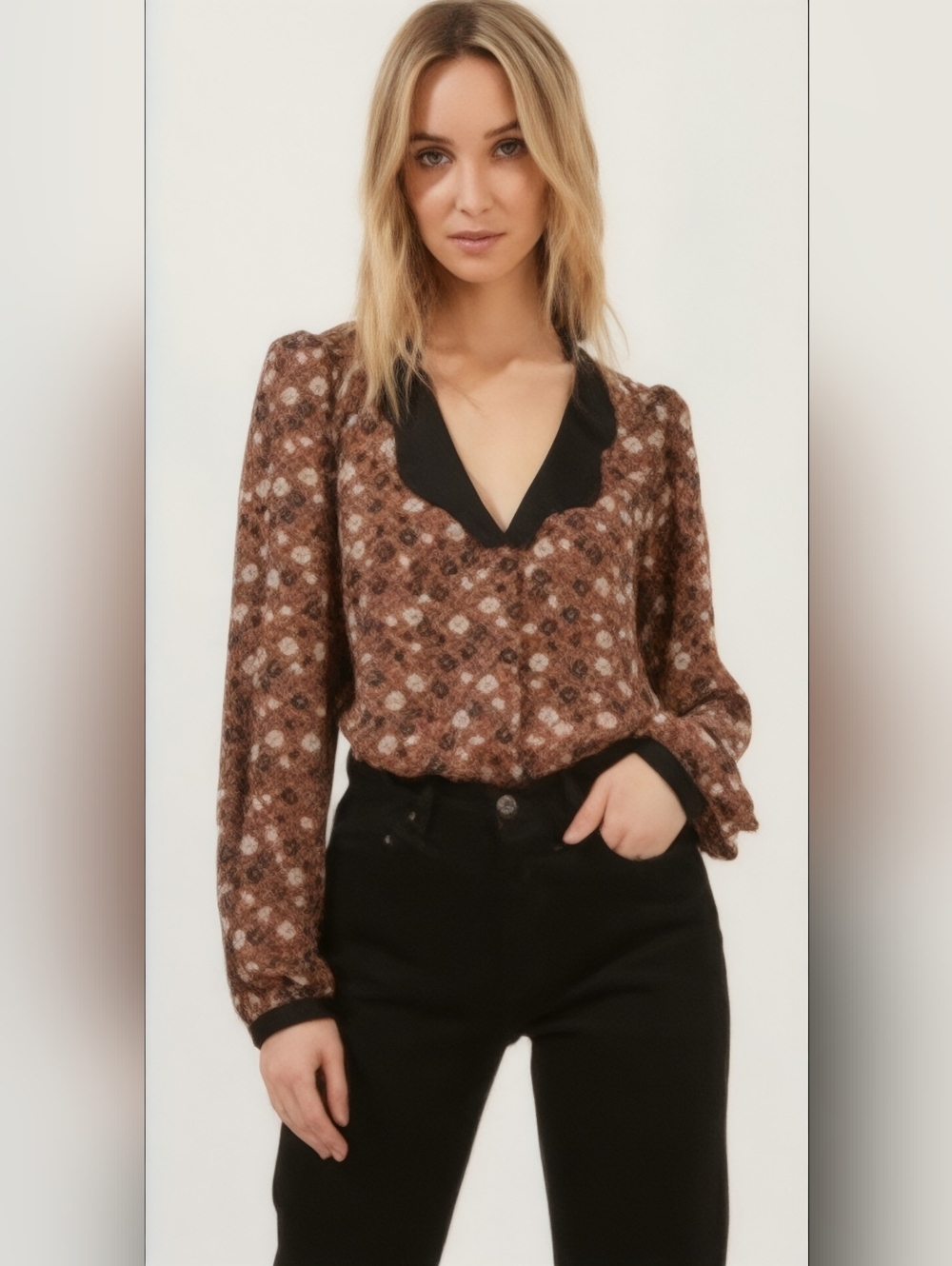 Astr The Label Lula Floral Contrast Collar Brown Black White Blouse Top